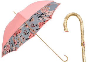 Pink floral handmade Italian double cloth jeweled brass handle umbrella front
