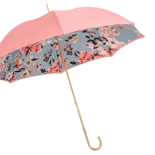 Pink floral handmade Italian double cloth jeweled brass handle umbrella side
