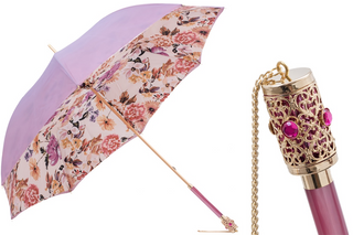 Light purple floral Italian handmade parasol jeweled handle front view
