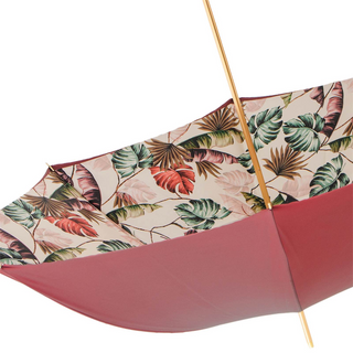 Tropical bordeaux handmade Italian leather handle umbrella detail