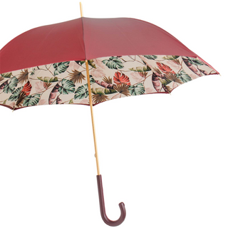 Tropical bordeaux handmade Italian leather handle umbrella side view