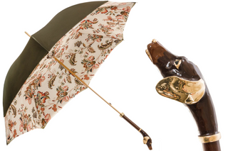 Dachshund handle handcrafted Italian green brass umbrella front view