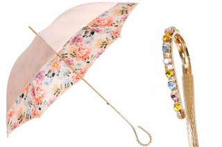 Luxury designer handmade Italian jeweled handle pink canopy umbrella front