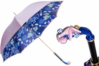 Blue starfish handmade Italian enameled brass handle umbrella front view