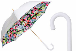 Flowered white handmade Italian genuine leather handle umbrella front