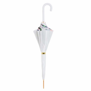 Flowered white handmade Italian genuine leather handle umbrella close-up