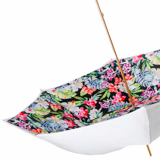 Flowered white handmade Italian genuine leather umbrella open canopy