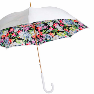 Flowered white handmade Italian genuine leather handle umbrella side