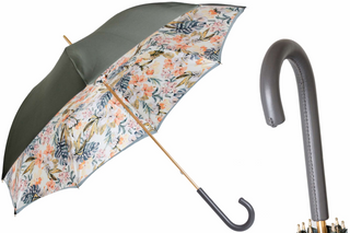 Grey floral interior leather handle Italian handmade umbrella front