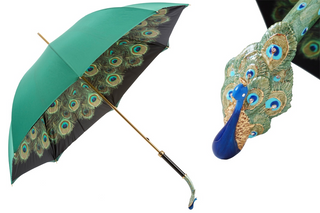 Luxury peacock handmade Italian double cloth manual umbrella front view