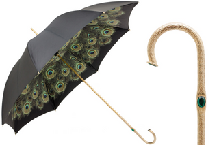 Black double cloth peacock print luxury women's umbrella front view