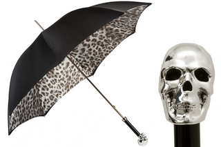 Luxury animalier black white silver skull handmade Italian double cloth umbrella front
