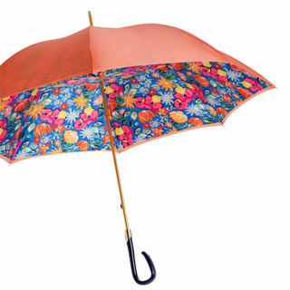 Orange floral handmade Italian designer acetate handle umbrella side