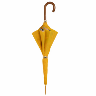 Yellow tropical wooden handle luxury Italian women's umbrella close-up handle detail