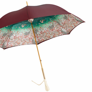 Burgundy paisley double cloth Swarovski crystal handle handmade Italian umbrella side