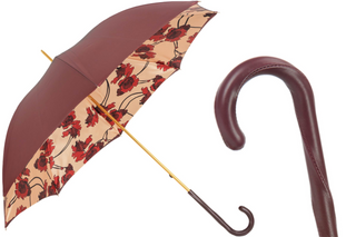 Flowered burgundy handmade Italian leather handle manual umbrella front