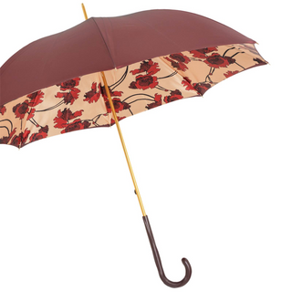 Flowered burgundy handmade Italian leather handle manual umbrella side