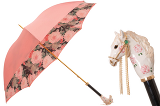 Designer pink enameled brass handmade Italian manual umbrella front