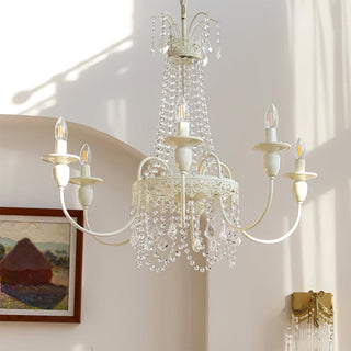 Vintage metal white glass chandelier ambient — crystal tassel warm