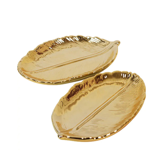 gold leaf ceramic tray earthworks elegant jewelry organizer dish enamel coating front view