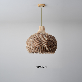 Handwoven rattan pendant from below — adjustable hanging light