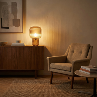 Minimalist Glass Lamp – Chrome Finish Table Lamp for Bedroom & Office Lighting
