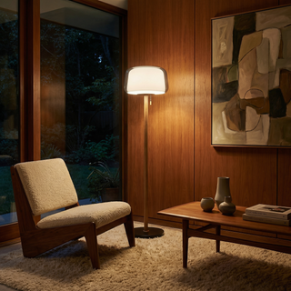 Glass Floor Lamp – Modern Floor Lamp with Wooden Base | Adjustable Brightness