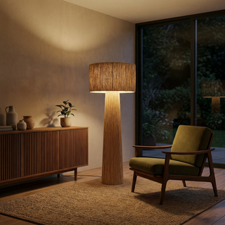 Woven Wicker Floor Lamp – Japanese Style LED Light With Natural Fabric Shade