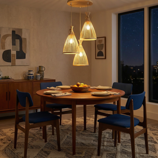 Bamboo Pendant Light – Indoor Conical Lamp With Adjustable Suspension & Warm Ambient Lighting