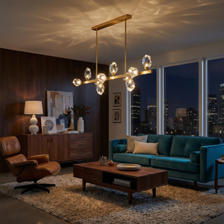 Crystal Pendant Lamp – Geometric Cubic Light With Gold Frame & Warm Ambient Lighting
