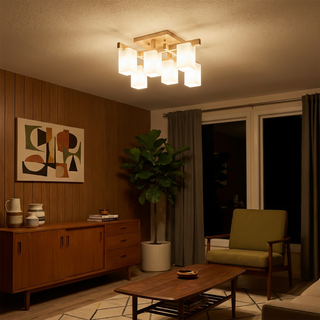 Japandi minimalist wood LED ceiling light soft illumination angle view