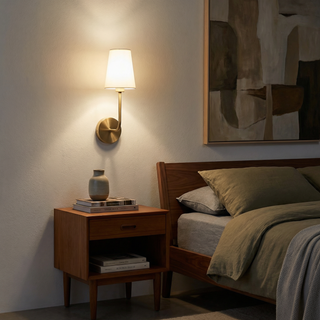 Indoor Wall Sconce – Linen Lampshade Light with Gold Metal Frame | Lumavera Lighting