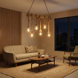 Bamboo Rope Pendant Light – Industrial Triple Bulb Fixture | Rustic Loft Lighting