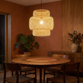Bamboo Hanging Lamp – Hand Woven Pendant Ceiling Light With Soft LED Lighting
