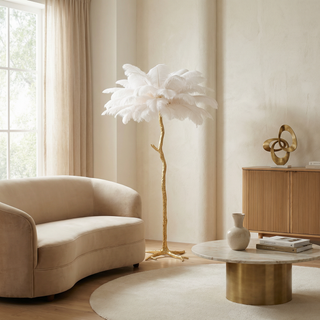 Lampadaire plume – Lampe artisanale en plumes d'autruche avec base en métal | Éclairage d'ambiance élégant