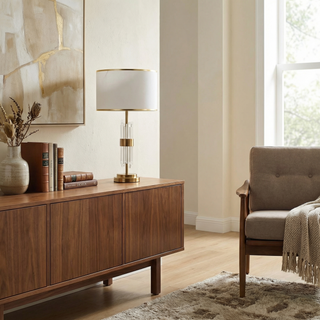 Bedside Lamp – Elegant White Fabric Shade & Gold Metal Base with Soft Warm Lighting