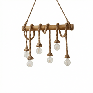 Suspension Bambou Corde – Luminaire Industriel Triple Ampoule | Éclairage Rustique Loft