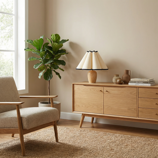 Wooden Table Lamp – Fabric Lampshade, Soft Ambient Light for Living Room