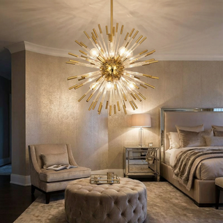 Modern Gold Chandelier – Elegant Crystal Glass Lighting Fixture for Living Rooms