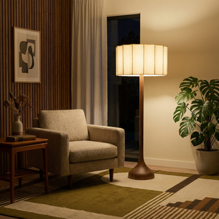 Wabi-Sabi Floor Lamp – Wooden Bamboo LED Light With Fabric Shade