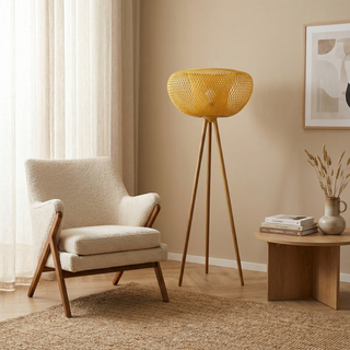 Rattan Floor Lamp – Bamboo & Black Metal Woven Wood Light for Living Room