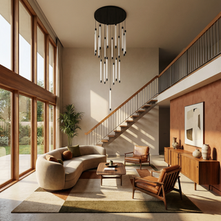 Copper Staircase Chandelier – Polished Copper Lighting with LED Flush Mount for Villas & Hotels