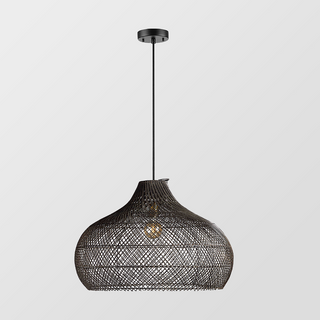 Rattan cage pendant casting geometric shadow pattern