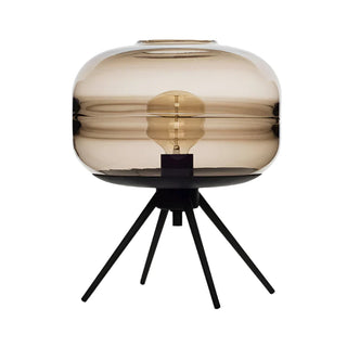 Glass tripod table lamp side — warm white ambient