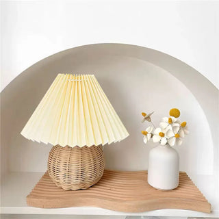 Vintage Scandinavian ceramic rattan table lamp — LED warm glow