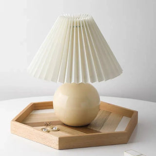 Rattan LED table lamp — vintage Scandinavian ceramic