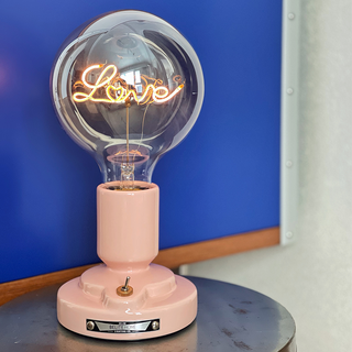 Pink cat table lamp detail — white LED warm