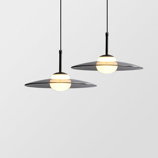 Grey pendant close-up — modern glass hanging dining lamp
