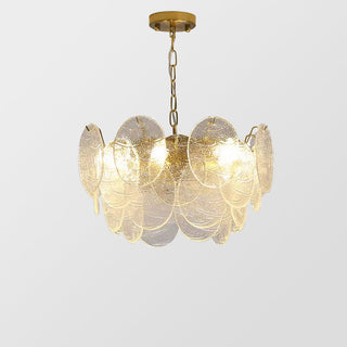 Large ice glass chandelier side — gold frame pendant warm glow