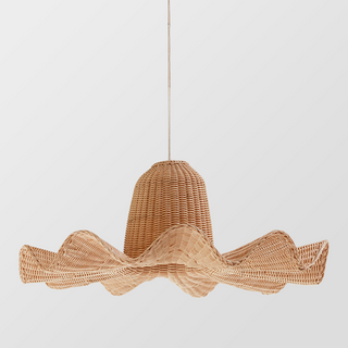 Natural wood and rattan pendant for high-ceiling dining room